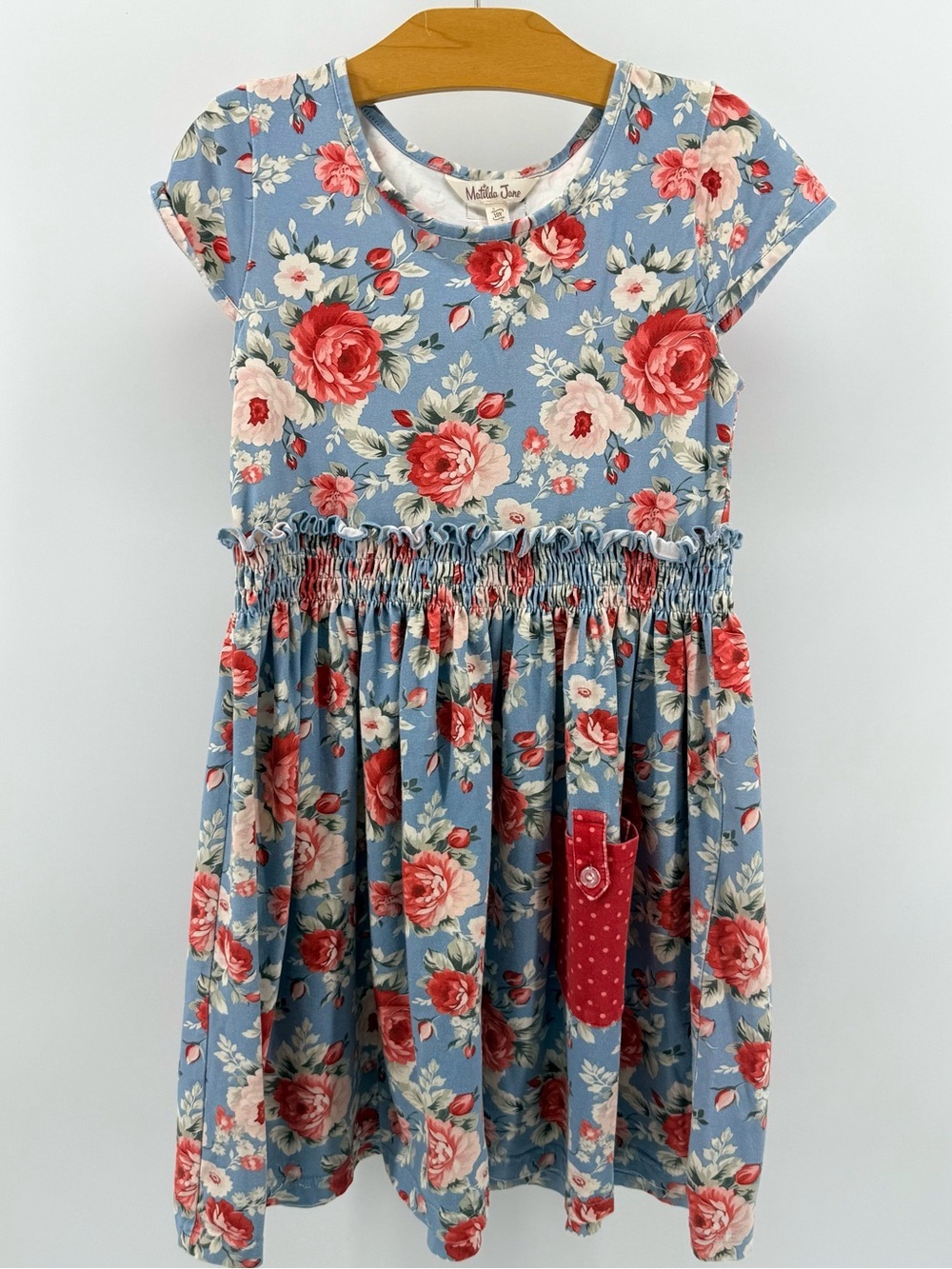 Matilda Jane Blue Floral Dress with Red Pocket Accent